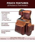 Big Oxy Fastener Bag With 10 Pockets And Tool Holders, deep round-bottom organizer, leather construction, tape pocket