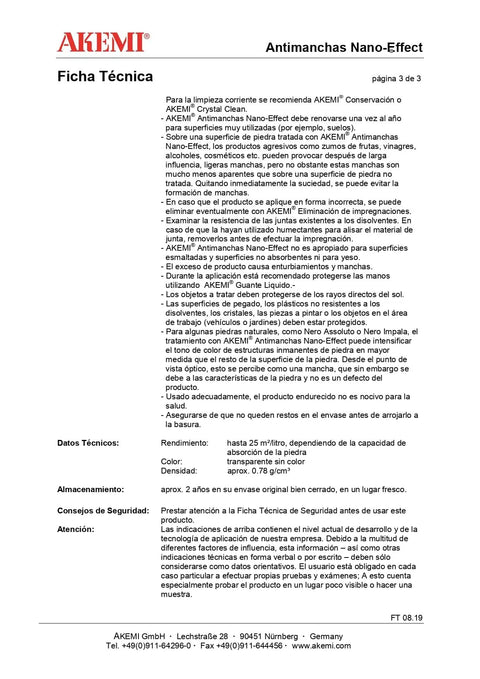 Technical data sheet for Akemi Antimanchas Nano-Effect featuring product usage guidelines and specifications in Spanish.