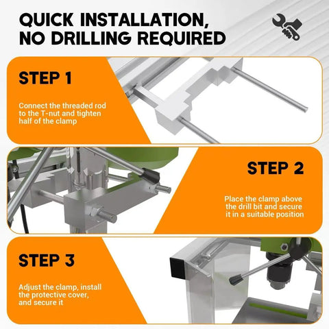 Step-by-step installation of Drill Press Guard For Benchtop And Floor Models With 2.0 To 4.0 Inch Column Diameters Flip Up Safety Shield