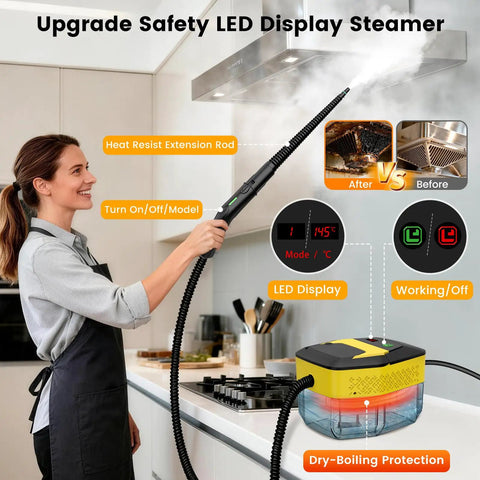 Upgraded Handheld Steam Cleaner 1.9Qt Big Tank Heats In Eight Seconds For Tile Floors Cars And Grout With 18 Pieces Of Accessories For Deep Clean Home Auto Detailing Safe No Burn Touch in use with LED display and extension rod.