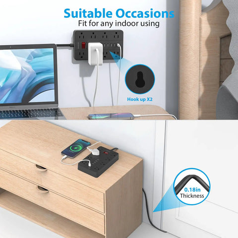 Ten Foot Extension Cord Power Strip With Eight Widely Spaced Outlets And Six USB Ports Including One USB C Flat Plug setup