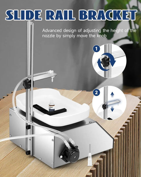 Slide rail bracket of No Hassle Auto Fill Peristaltic Pump Liquid Filling Machine for 1-50 ml bottles, showcasing height adjustment features.
