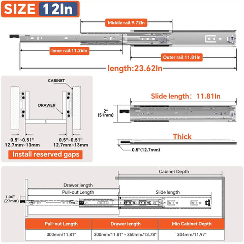 Heavy Duty Locking Drawer Slides Built Tough With Rock Solid Full Extension Ball Bearing Track One Pair Side Mount Storage Rails For Shops And Rv Campers 12 Inch Slide diagram with dimensions and specifications.
