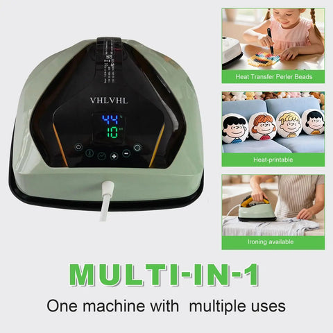 Portable 9x9 Inch Vibration Heat Press For Tees And More With LED Display shown with multi-use applications