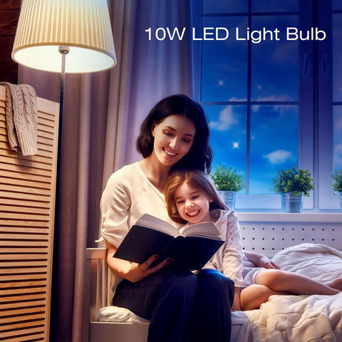 Ultra Straight Fire RGBW LED Bulb, E26 Dimmable Screw Base, Wireless Remote With Digital Timer, 120 Shades For Chill Home Ambient Or Epic Weekend Party Glow, 10W LED bulb in cozy reading scene with mother and daughter.