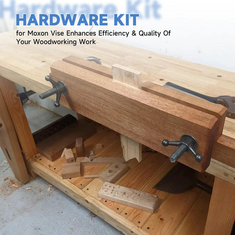 Essential Moxon Vise Hardware Kit on woodworking bench with 8 inch threaded rods, cast knobs, nuts, and washers shown installed