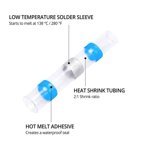 Solder Seal Wire Connectors Kit With Heat Shrink Sleeves, Waterproof No Fuss Self Soldering Butt Connectors For 26-10 AWG, 110 Pcs