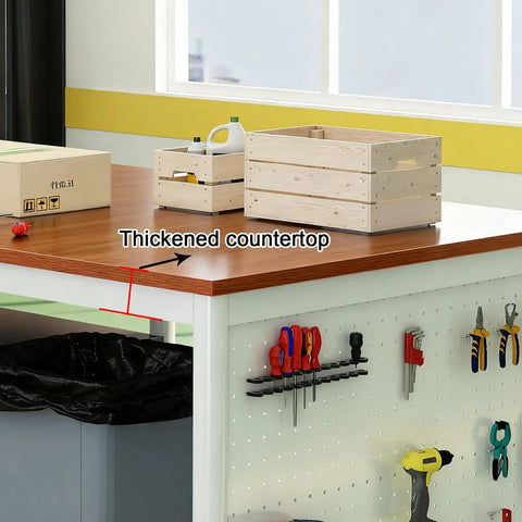 Heavy Duty Stainless Steel 3 Tier Work Bench With Perforated Side Panel And Wide Top For Rock Solid Packing Station Storage And Top Shelf Garage Prep Table Built Like A Tank For Everyday Grind thickened wooden countertop with storage crates and tools