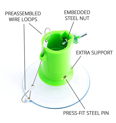 Close-up of green component of Heavy Duty Light Bulb Changer Kit For LED Bulbs With Ultra Strong Suction Cups and steel pin.