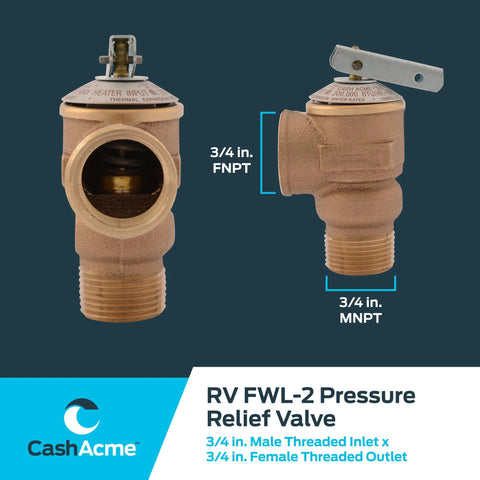 Bronze Cash Acme RV FWL-2 pressure relief valve, front and side views, 3/4 in FNPT inlet and 3/4 in MNPT outlet.