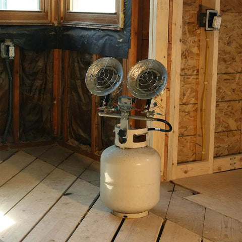 Powerful 32,000 BTU LP Propane Tank Top Heater with Dual Heads in Garage Workshop