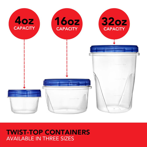 Different sizes of twist-top containers with blue lids, including a 32 Ounce Plastic Containers With Twist Top Lids Six Pack Quart Freezer Storage.