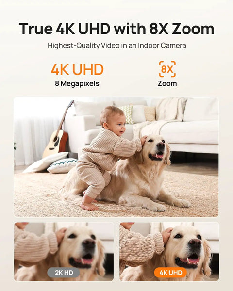 Child playing with dog on carpet, highlighting use of 4K UHD Indoor Security Camera For Pets And Baby With Phone App 360 Degree Pan Tilt.