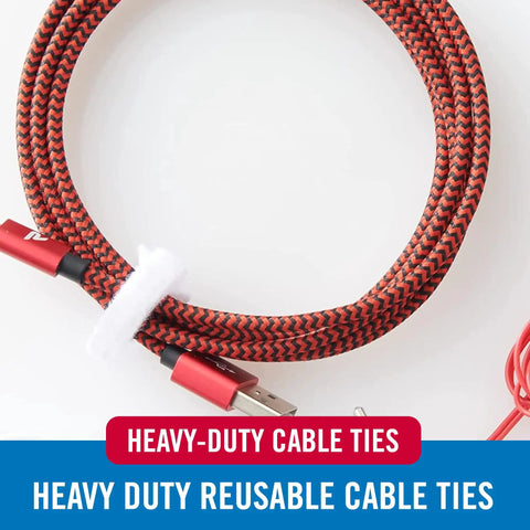 These Super Tough Heavy Duty Reusable Hook Loop Cable Ties Make Organizing Wires A Breeze And Beat Zip Ties Every Time Perfect For Data Centers Electronics And Appliances Eight By Half Inch White Pack Of Sixty with a heavy-duty cable wrapped in a red and black design.