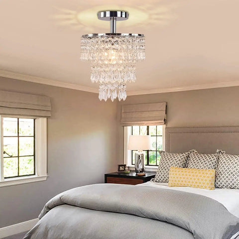 Small Three Tier Crystal Chandelier LED Pendant Light With Dope Raindrop Crystals Chrome Finish in bedroom ceiling view