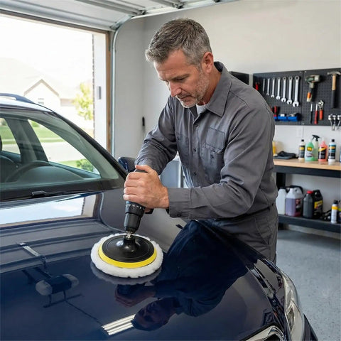 Man using a 6 Piece 6 Inch Wool Polishing Pad Kit With M14 Drill Adapter And Hook And Loop Backing Pad for car detailing in garage