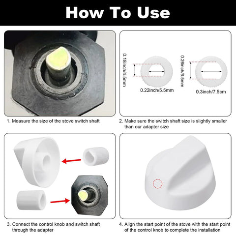 4 Pack Control Knobs Replacement Kit With 12 Adapters For Oven Stove And Range Universal Fit For RV Camper Kitchens Easy Install Durable High Heat Knobs installation guide showing knob and adapter connection steps