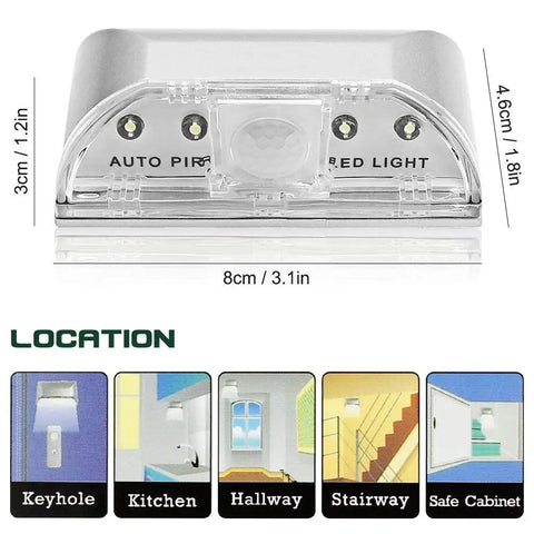 2 Pack Keyhole Light With Infrared Motion Sensor, Auto On In Darkness, compact design with labeled dimensions and use locations