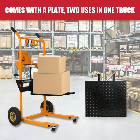 The Heavy Duty Manual Pallet Stacker Material Lift Winch Loader With 330 Lbs Capacity And Rubber Swivel Casters in warehouse with boxes.