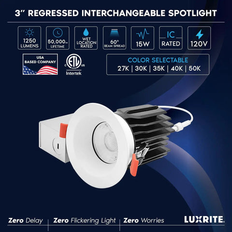 3 Inch LED Regressed Canless Spotlight With Swappable Trim Versatile 5Cct Tunable Light No Sweat Twist Install Sleek Dimmable Recessed Downlight 1250 Lumen Knockout Brightness IC Wet Rated Six Pack with grey housing.
