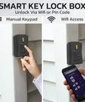 WiFi Enabled Smart Lock Box For Homes And Rentals With Remote Access And Key Sharing, keypad and mobile unlocking shown