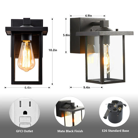 Outdoor Wall Light With GFCI Outlet, Black Exterior Sconce dimensions and features, 2 Pack shown with bulb and base details