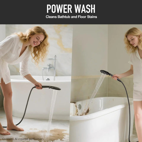 Top Tier 10 Inch Rain Shower Head With Slick Handheld Duo delivering high pressure water spray for cleaning bathtubs and floors.