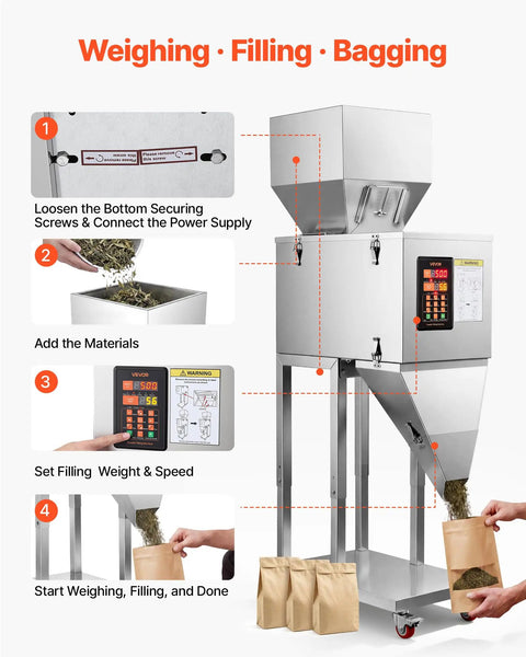 Slick Automatic Filling Machine With Smart Weighing Sensor And Foot Pedal For Coffee Beans Grains Spices Stainless Steel Particle Dispenser in use for weighing, filling, and bagging.