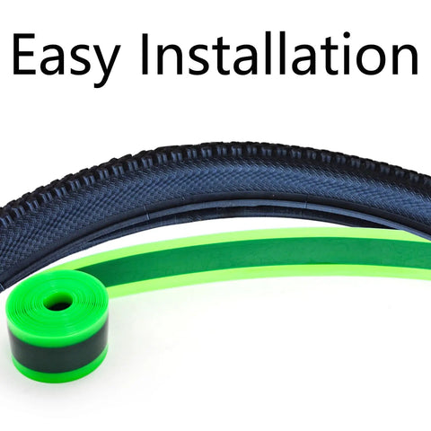 Three Rolls Bike Tire Liner Pro Grade TPU Protection Inner Tube Saver shown with green liner and easy installation text.