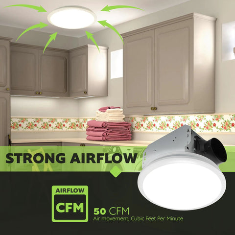 Whisper Quiet Bathroom Exhaust Fan With Integrated LED Light Ceiling Mount 50 CFM Ventilation in a bathroom