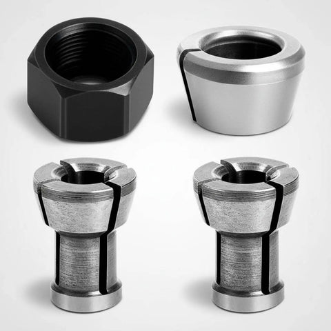 Collet Nut And Collet Chuck Set M17 Tool Holding Clamp For Precise Routing And Cutting Beefy Heavy Duty Ultra Consistent Hold For Shop Use And Fabrication Floors, 4-piece black and silver metal set