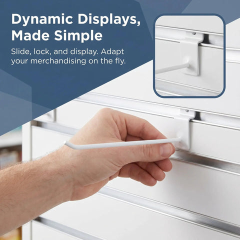 Hand inserting Heavy Duty Slatwall Hooks 7.48 Inch Long With 4mm Rod 20 Pack White Iron for retail display shelves