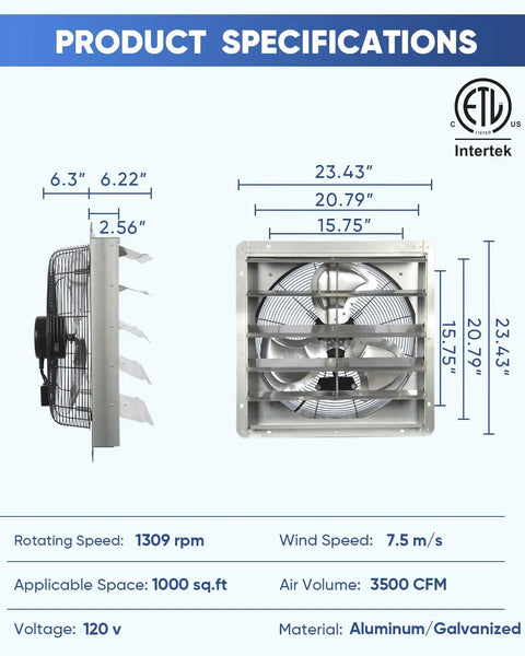 Side and front view of 20 Inch Shutter Exhaust Fan With 1.65 Meter Power Cord High Speed 3500 CFM Wall Mounted Vent Fan.