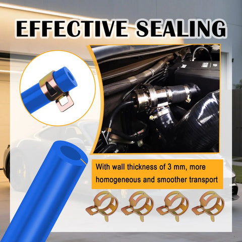 Premium 6PC 5Ft Silicone Vacuum Hose Kit With 64 Connectors And 24 Clamps For Cars Featuring Various Sizes To Fit Water Or Air Lines Perfect For DIY Auto Mods And Racing Fixes. Blue silicone hose with clamps on car engine line