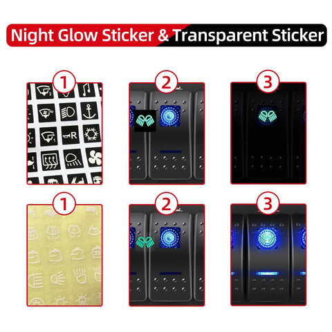 Night glow sticker and transparent sticker options for Eight Gang Rocker Switch Panel With Aluminum Waterproof Dash Mount For 12V And 24V Vehicles Boats RVs And Trailers Prewired On Off Toggle Switches Built For Easy LED Pod Lights Taillights And More.