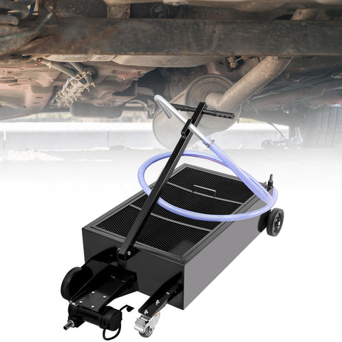 Low Profile 25 Gallon Oil Drain Pan With 110V High Flow Electric Pump under vehicle, showing hose and folding handle