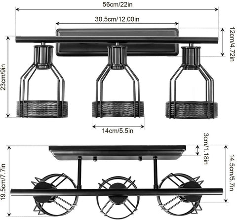 Industrial Vanity Light Plug In Three Light Retro Cage Wall Sconce with Metal Shade dimensions front and side view