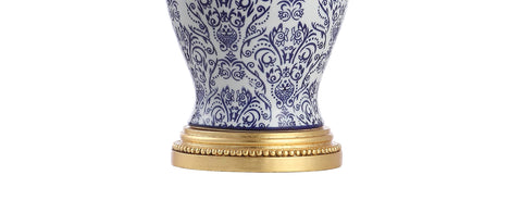 Blue and white chinoiserie ceramic floral table lamp base with gold trim, part of 21 inch tall vase style lamp set.