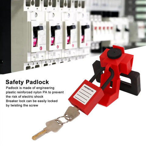 Heavy Duty Nylon Clamp On Breaker Lockout Padlock Kit Universal Tag Out Setup with safety padlock and key.