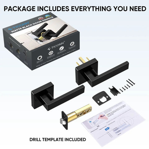 Matte Black Interior Door Handles With Reversible Square Levers and parts for privacy function, includes drill template