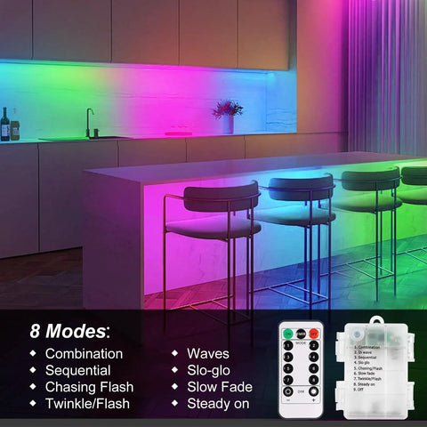 Battery Powered LED Strip Lights 9.8Ft Multicolor With Remote Dimmable Timer Waterproof Flexible Tape illuminating a modern kitchen