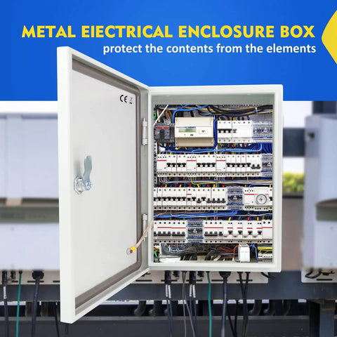 Outdoor Electrical Junction Box 12 X 10 X 6 Inch NEMA 4X Enclosure Wall Mounted IP66 Waterproof Dustproof open view with circuits