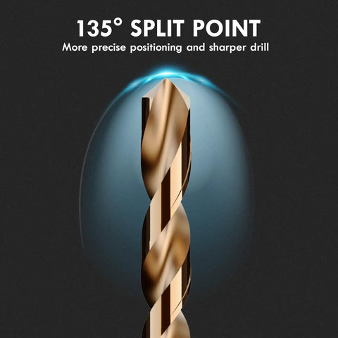 Close-up of Pro Grade Cobalt Drill Bit Set 29 Pcs M35 High Speed Steel Bits, showing a 135-degree split point design.