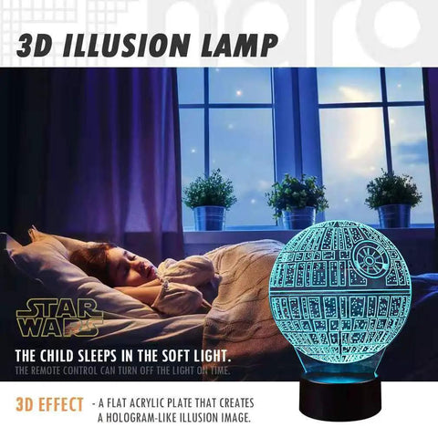 Lit 3 Pattern 16 Colors 3D Night Light Illusion Lamp in Death Star design on bedside table in dimly lit cozy bedroom for fans