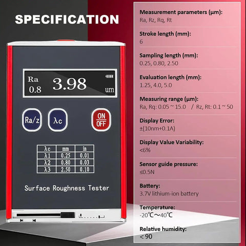 Pro Grade Digital Profilometer For Surface Roughness And Finish Measurements In Engineering And Lab Settings With 0.01 Micron Precision And Multi Parameter Readouts Ra Rq Rz Rt, displaying measurement parameters and specs.
