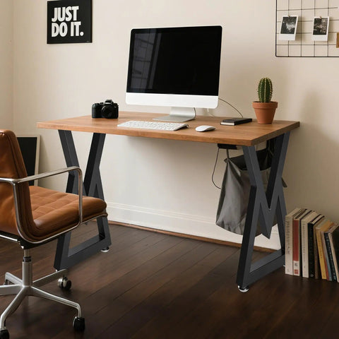 Beefy 28 Inch Heavy Duty Metal Dining Table Legs With Adjustable Feet Pads, Industrial Diamond Style DIY Furniture Feet, Black Finish, Supports Up To 1000 Lbs For Sturdy Home Office And Dining Tables, shown on a wooden desk setup.