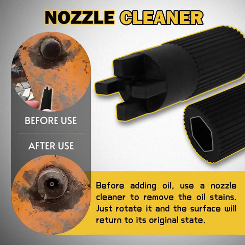 Nozzle cleaner shown before and after use on an oil-stained surface with text instructions for cleaning procedure.