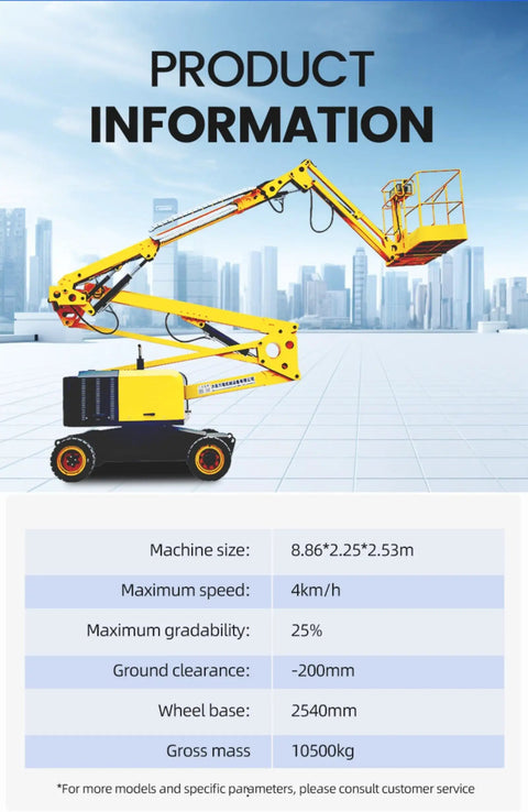 Self Propelled Telescopic Boom Lift Job Site Workhorse For High Reach commercial construction against a city skyline, yellow and black design.