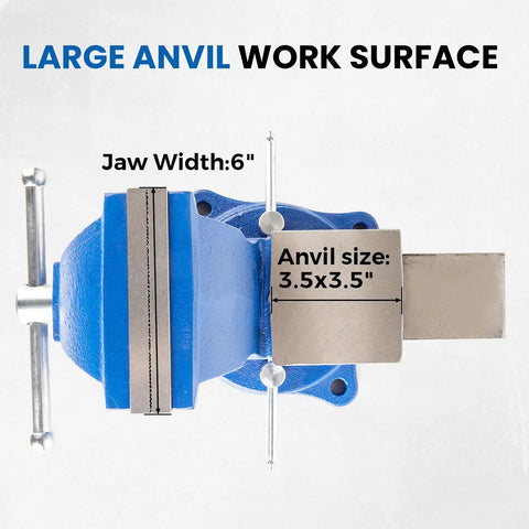 Top view of Beefy 6 Inch Bench Vise With Swivel Base And Anvil, Ductile Iron Construction, with labeled 6 in jaw width.