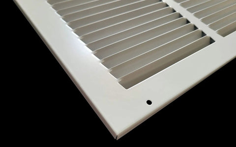 Close-up of Sturdy Steel Return Air Grille For 24x6 Duct Opening White Vent Cover For Sidewall And Ceiling HVAC Cold Air Intake Grille